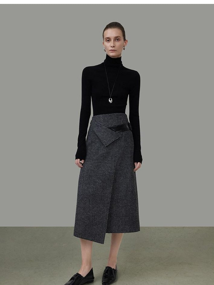 unspoken Wool Blend Lined Asymmetric Aline Mid Waist Minimal Workwear Women Midi Skirts