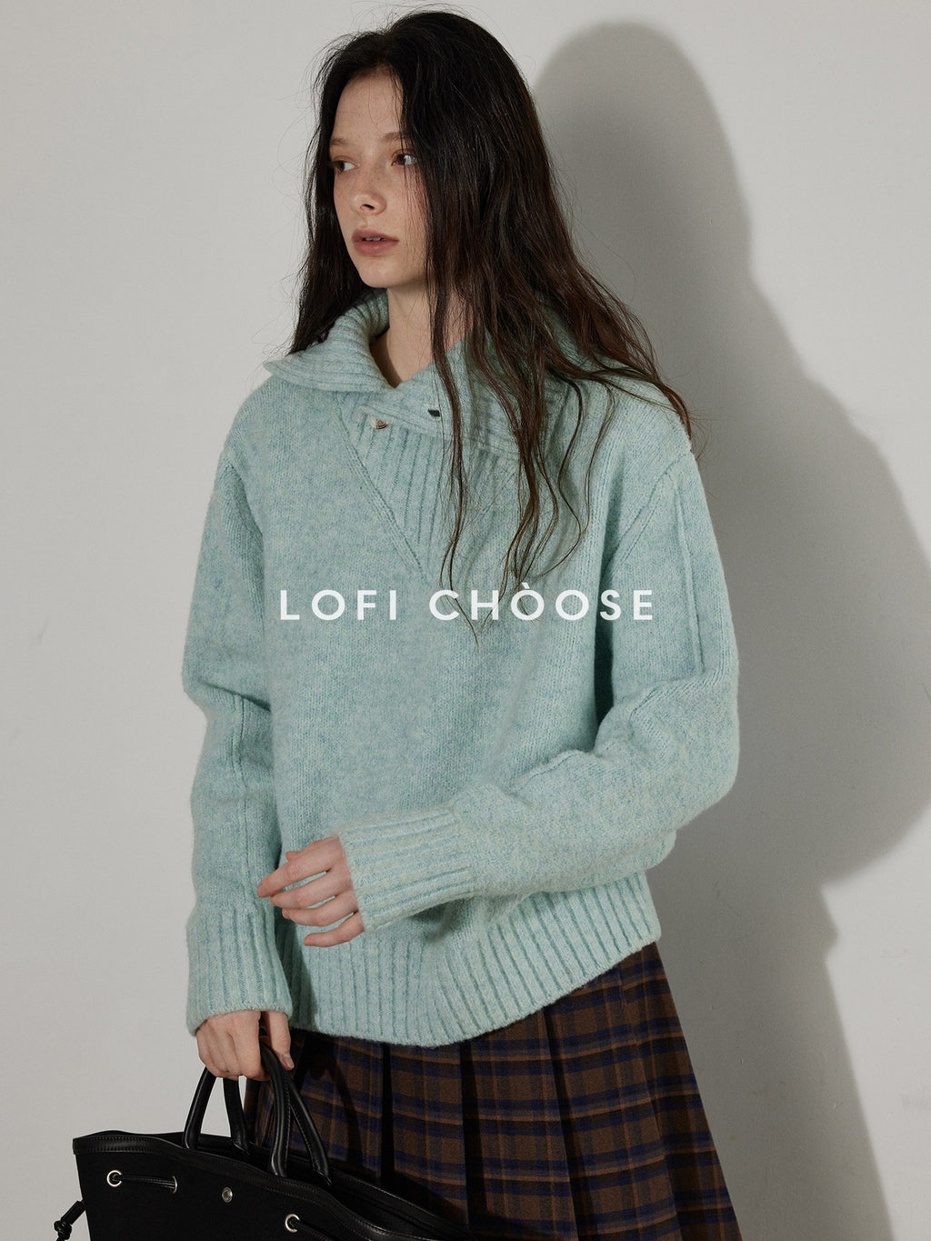 Lofi choose Cozy High Neck Loose Fit Commuter Knit Pullover Blue Polyester Sweaters