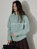 Lofi choose Cozy High Neck Loose Fit Commuter Knit Pullover Blue Polyester Sweaters