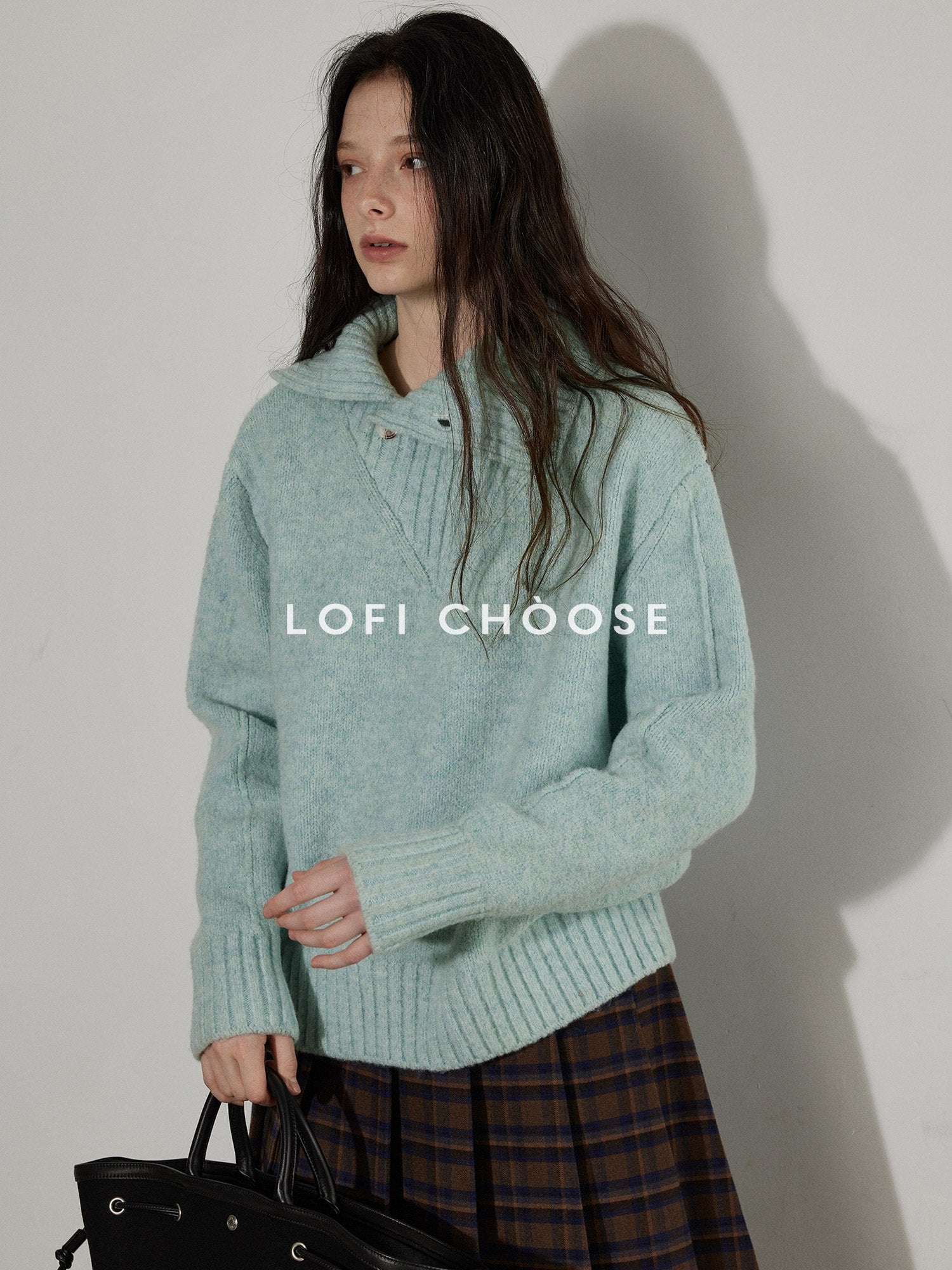 Lofi choose Cozy High Neck Loose Fit Commuter Knit Pullover Blue Polyester Sweaters