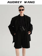audreyyang Cotton Linen Casual Loose Double Breasted Womens Commuter Black Blazers