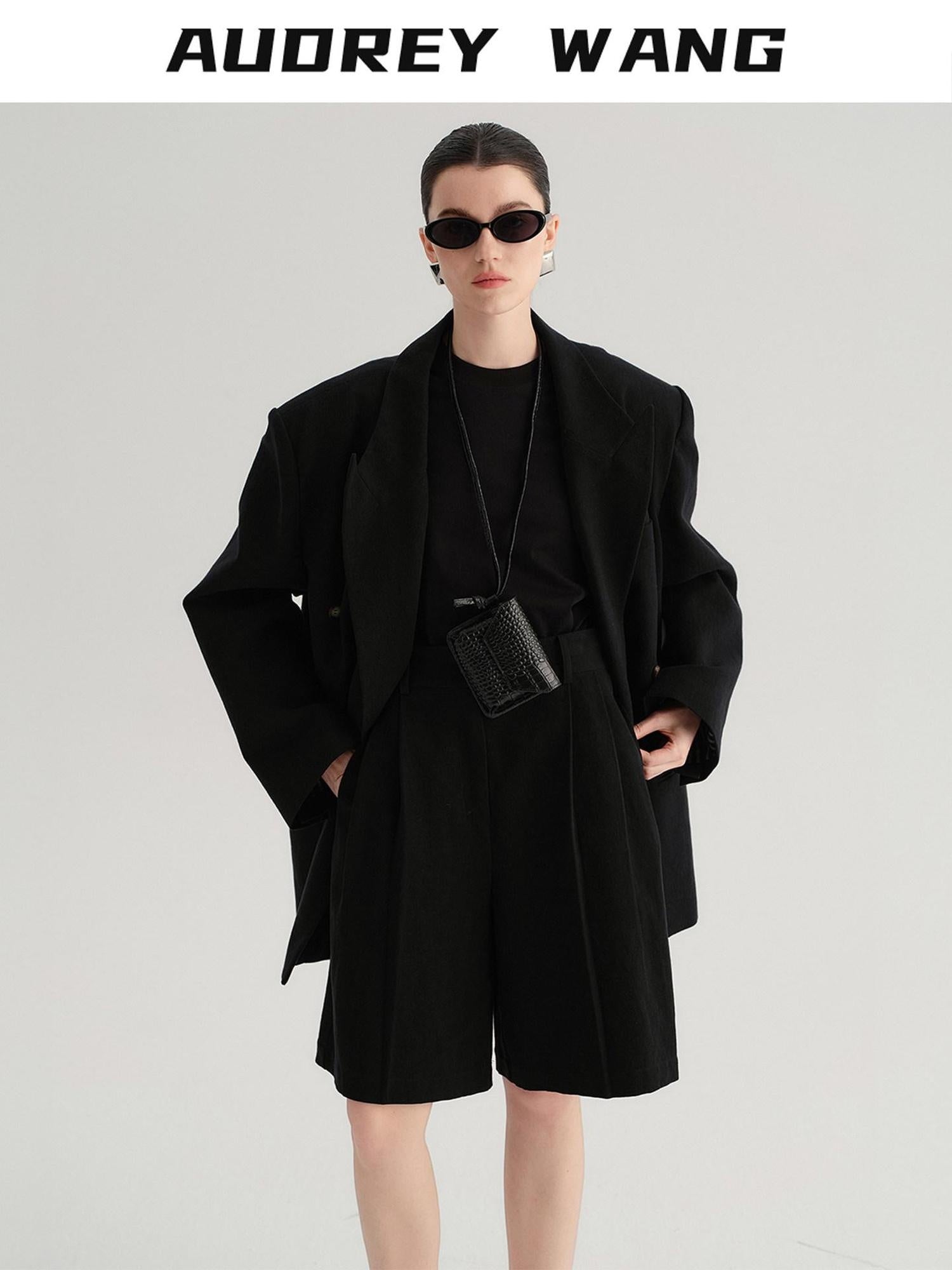 audreyyang Cotton Linen Casual Loose Double Breasted Womens Commuter Black Blazers