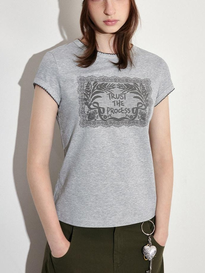 fano Lyocell Blend Heather Gray Printed Slim Korean Crewneck Short Sleeve T-Shirts