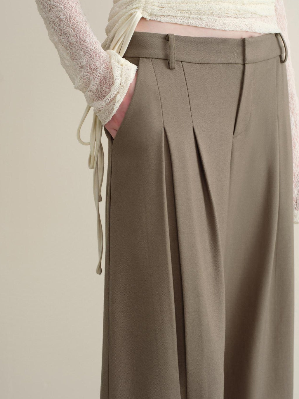 someone sometimes Stretch Pleated Casual Natural Waist Women Olive Green Zip Fly Wide Leg Pants