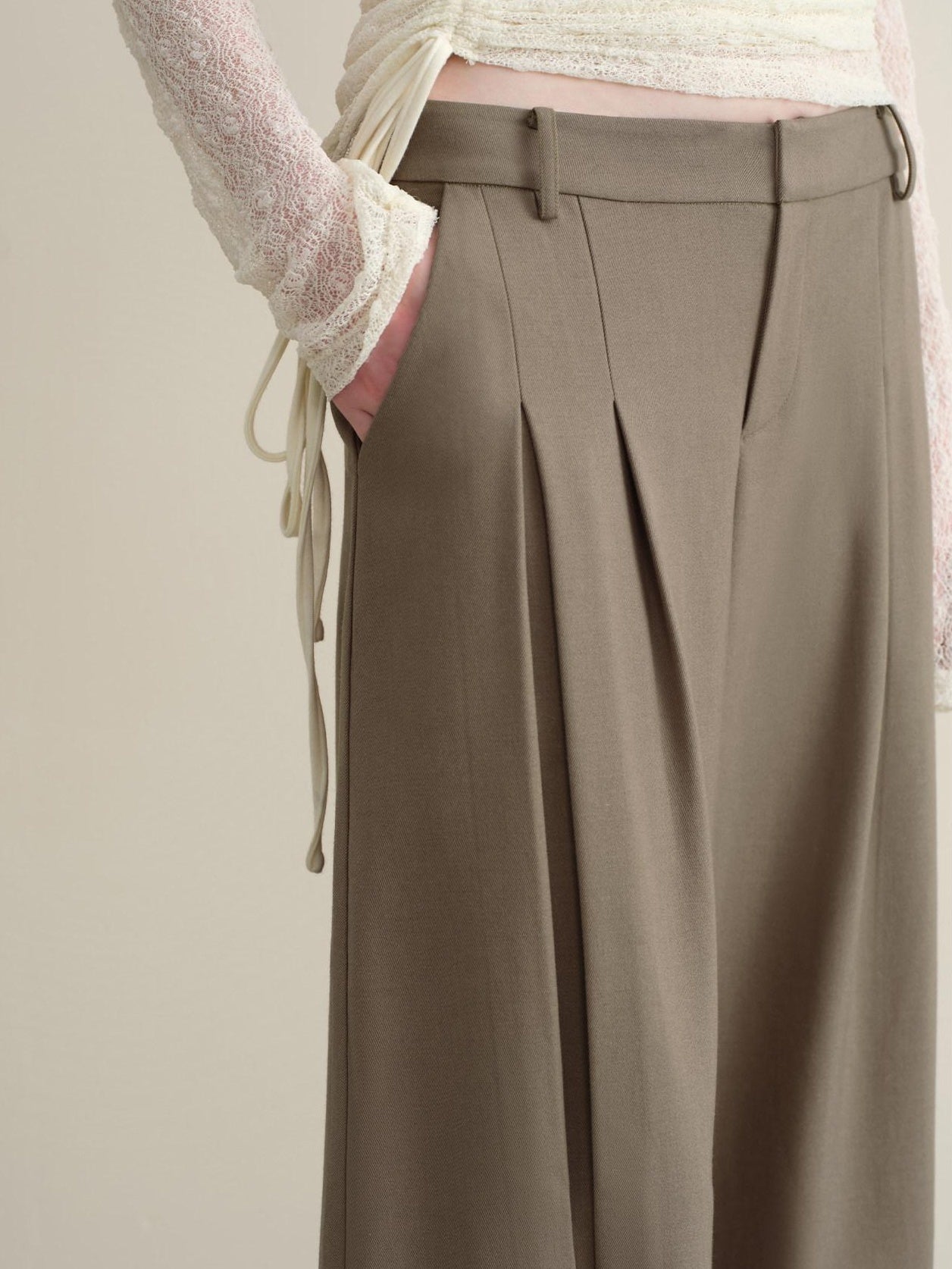 someone sometimes Stretch Pleated Casual Natural Waist Women Olive Green Zip Fly Wide Leg Pants
