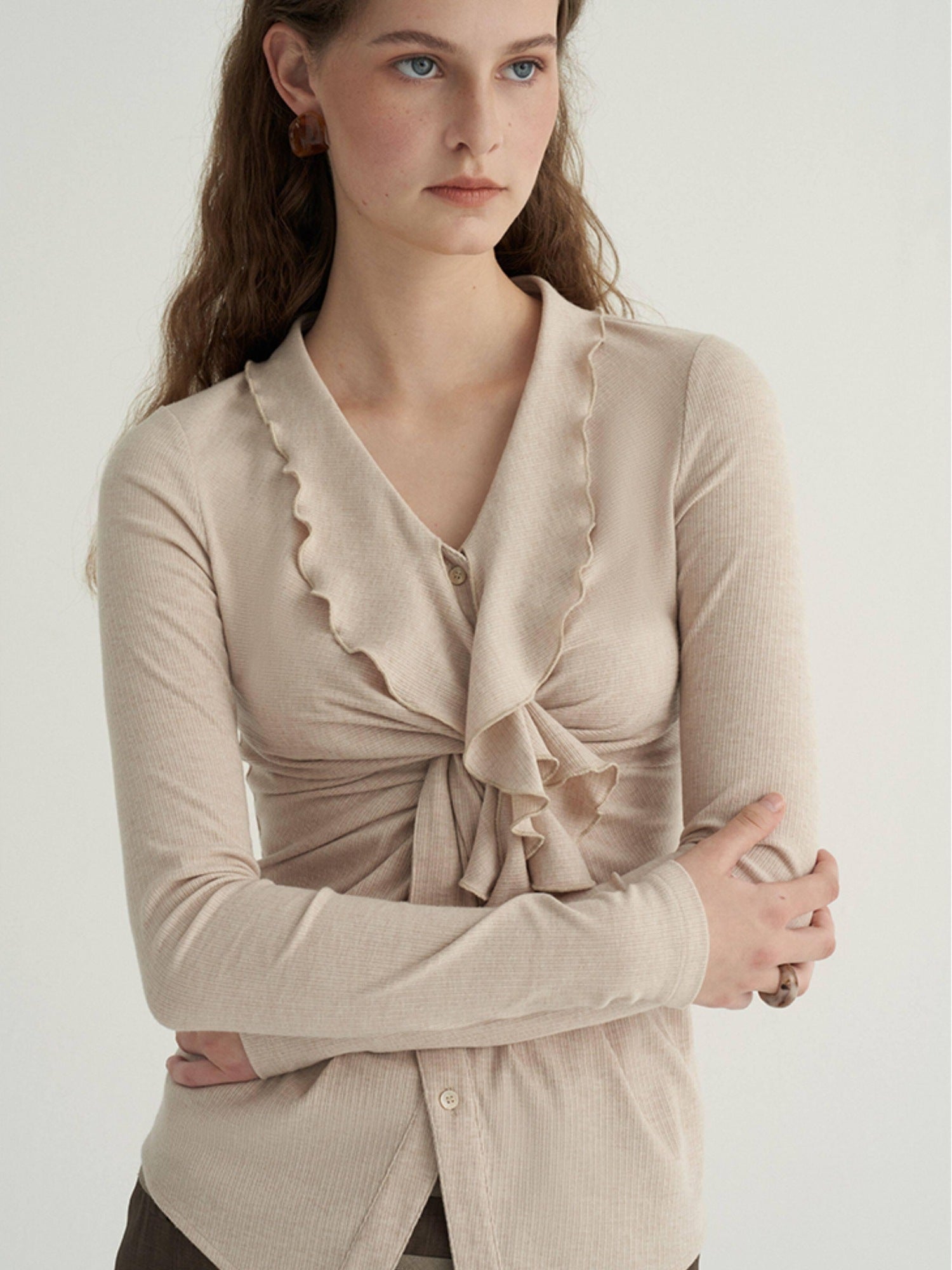 someone sometimes Ruffled V-neck Slim Fit Thin Knit Viscose Women Oatmeal Long Sleeve T-Shirts