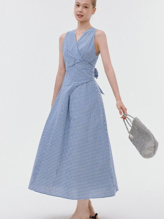 fano Pure Cotton Sleeveless V-neck A Line Office Casual Women Blue Midi Dresses