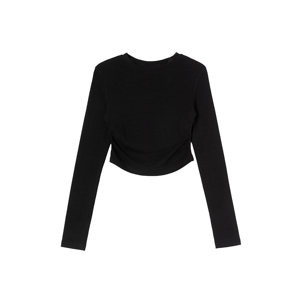 ikyou_Slim_Drawstring_Long_Sleeve_Combed_Cotton_Crewneck_Black_White_Basic_Crop_Tops_MISSTT