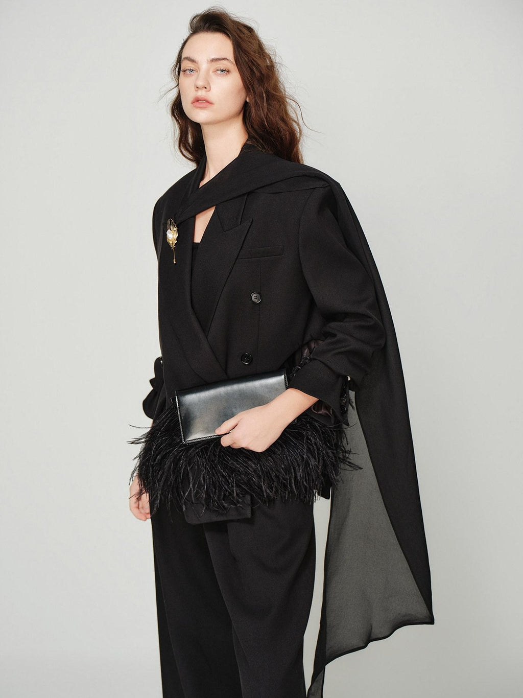 audreyyang Elegant Loose Fit Sash Double Breasted Notch Lapel Black Polyester Blazers