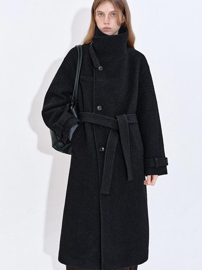 fano Premium Wool Blend Long Notch Collar Relaxed Black Korean Women Wool Coats