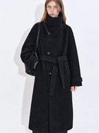 fano Premium Wool Blend Long Notch Collar Relaxed Black Korean Women Wool Coats