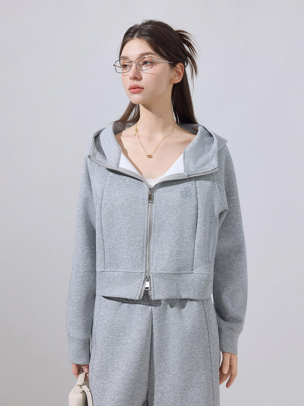ikyou Embroidered Hooded Cropped Zipper Casual Women Cotton Blend Top & Pants Sets