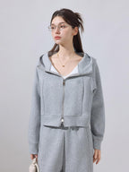 ikyou Embroidered Hooded Cropped Zipper Casual Women Cotton Blend Top & Pants Sets