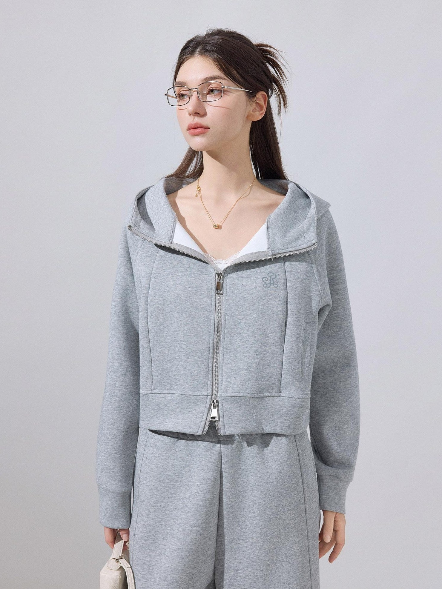 ikyou Embroidered Hooded Cropped Zipper Casual Women Cotton Blend Top & Pants Sets