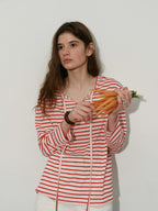 Lofi choose Soft Knit Loose Fit Commuter Women Red White Striped Long Sleeve T-Shirts