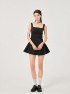 ikyou Waist Cinch Casual A Line Square Neck Sleeveless Black Midi Dresses