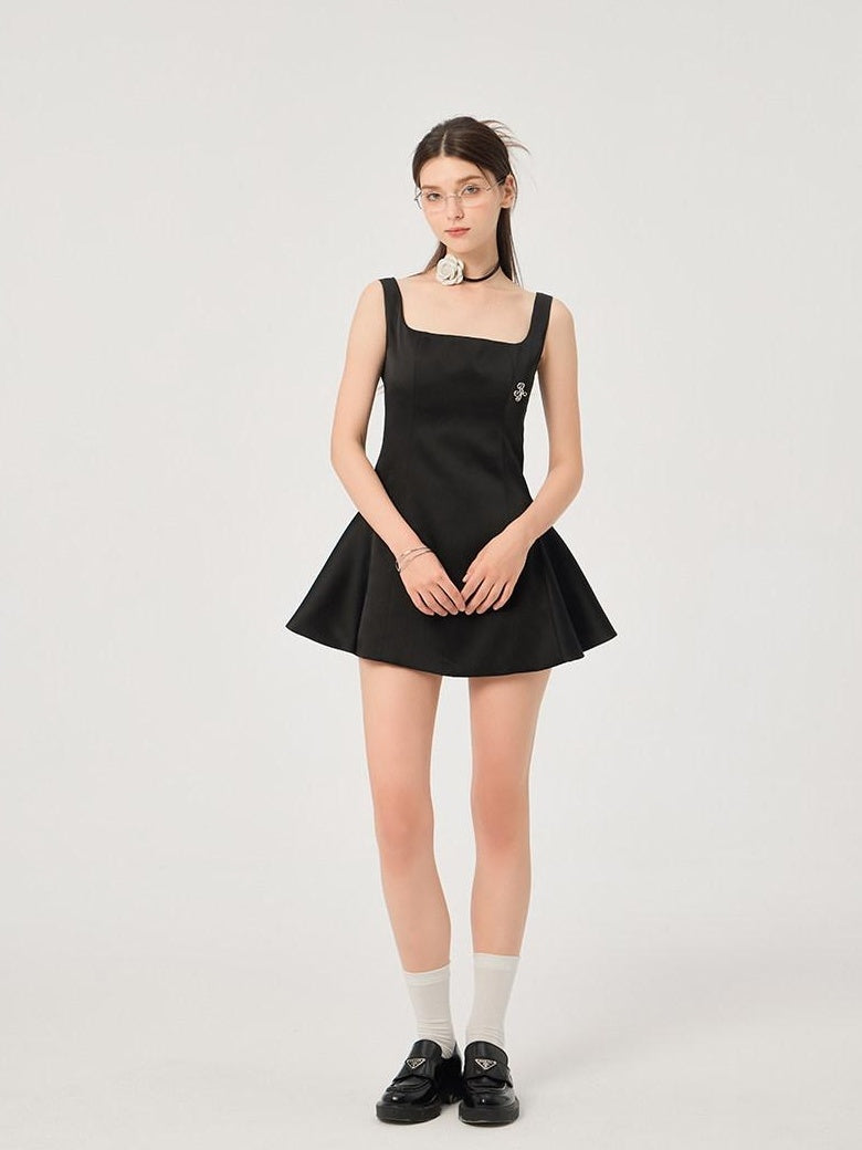 ikyou Waist Cinch Casual A Line Square Neck Sleeveless Black Midi Dresses