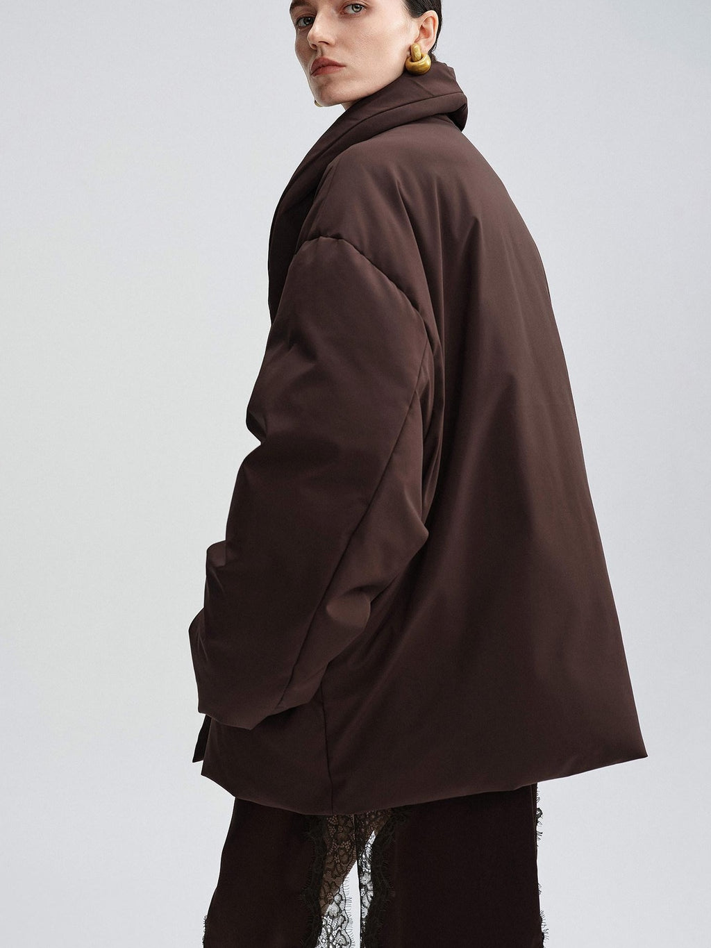 audreyyang Warm 90% Duck Down Loose Casual Stand Collar Women Chocolate Brown Down Jackets