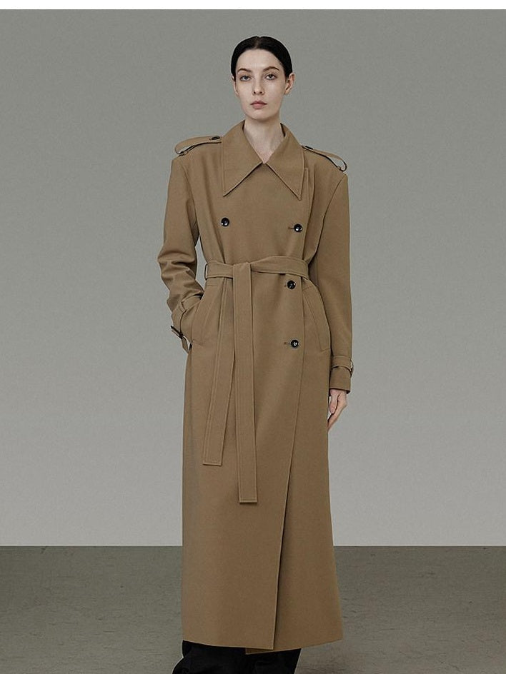 unspoken Double Breasted Straight Minimalist Office Tea Brown Longline Women Trench Coats