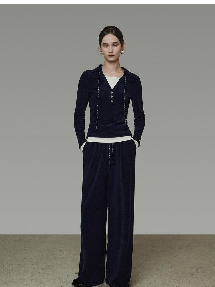 unspoken Breathable Slim Fit V-neck Knit Three Piece High Waist Navy Women Lounge Sets