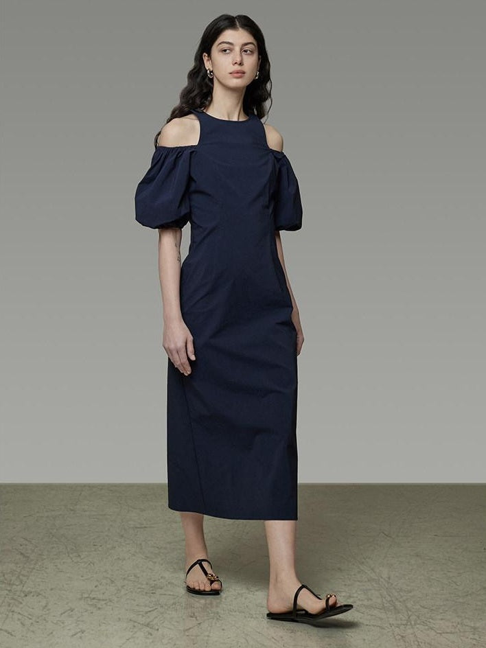 unspoken Slimming Waist A Line Irregular Hem Puff Sleeve City Navy Maxi Dresses