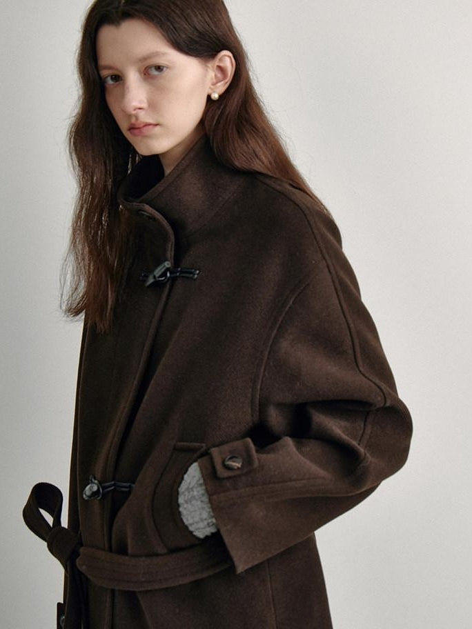 fano Minimal Commuter Straight Midlength Stand Collar Pocket Toggle Women Short Coat