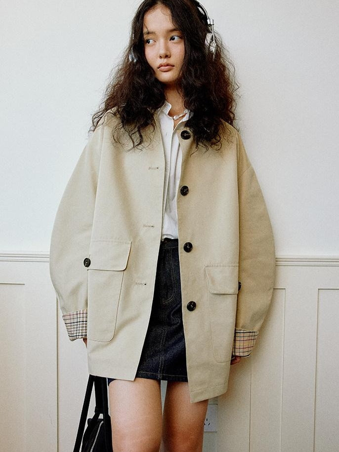 fano Patchwork Plaid Oversized Street Mid Length Cotton Blend Women Trench Coats