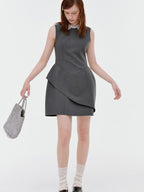 fano Polyester Stretch Korean Office Cocoon Sleeveless Gray Women Vest Midi Dresses