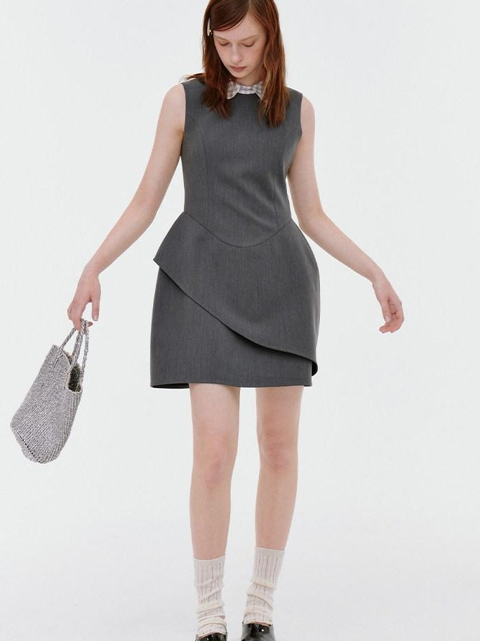 fano Polyester Stretch Korean Office Cocoon Sleeveless Gray Women Vest Midi Dresses