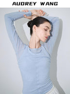 audreyyang Lightweight Lyocell Wool Slim Fit Solid Women Crew Neck Long Sleeve T-Shirts
