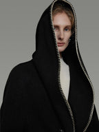 unspoken Cozy Minimalist Commuter Loose Hooded Midlength Women Black Tie Wool Coats