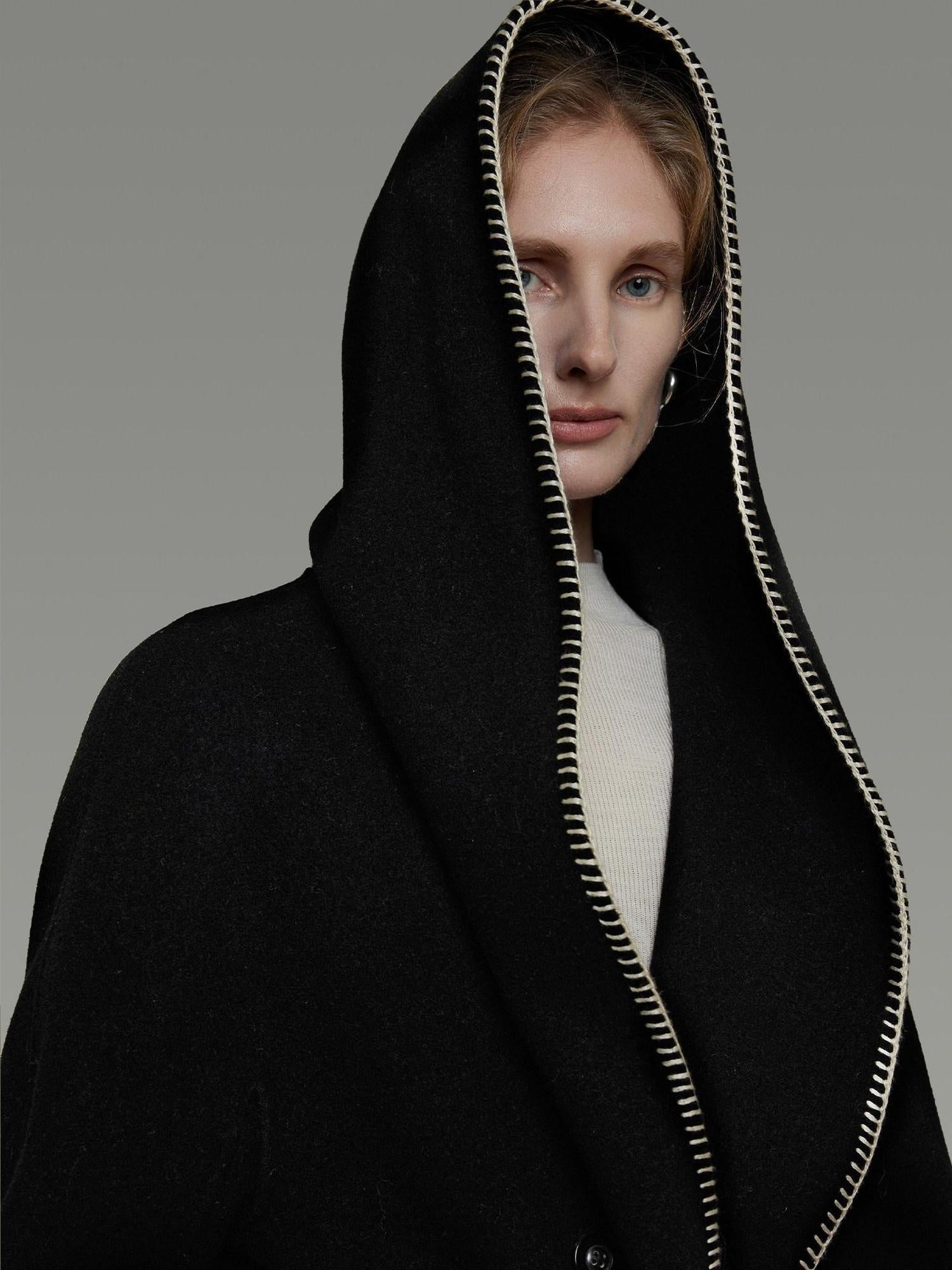 unspoken Cozy Minimalist Commuter Loose Hooded Midlength Women Black Tie Wool Coats