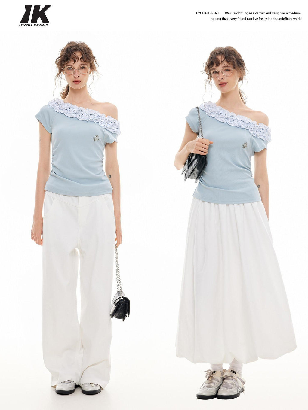 ikyou Wrinkle Free Ruffle Slim Asymmetric Neck Women Solid Blue Short Sleeve T-Shirts
