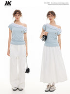 ikyou Wrinkle Free Ruffle Slim Asymmetric Neck Women Solid Blue Short Sleeve T-Shirts