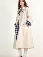 fano Loose Fit Korean Casual Long Beige Plaid Single Breasted Trench Coats