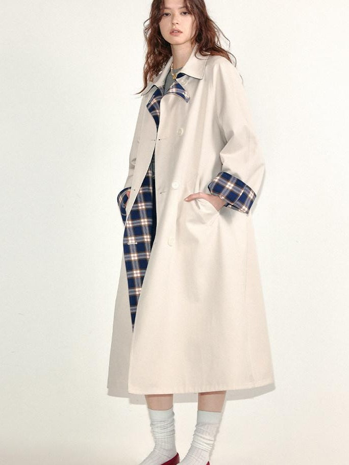 fano Loose Fit Korean Casual Long Beige Plaid Single Breasted Trench Coats
