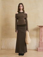 someonesometimes Flattering Mermaid Slim Fit Mid Rise Mocha Brown Knit Viscose Women Maxi Skirts