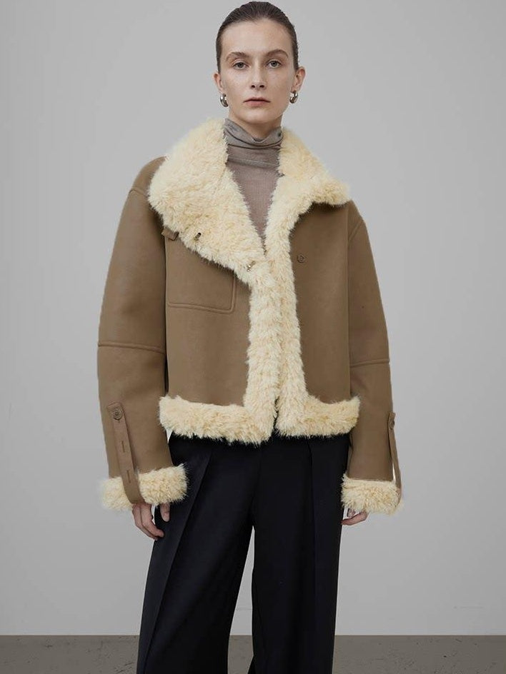 unspoken Faux Fur Pocketed Loose Fit Barn Style Brown Women Cropped Jackets
