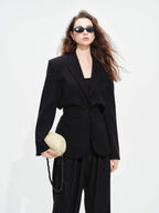 audreyyang Oversized Cinched Waist Short Notch Lapel One Button Black Polyester Blazers