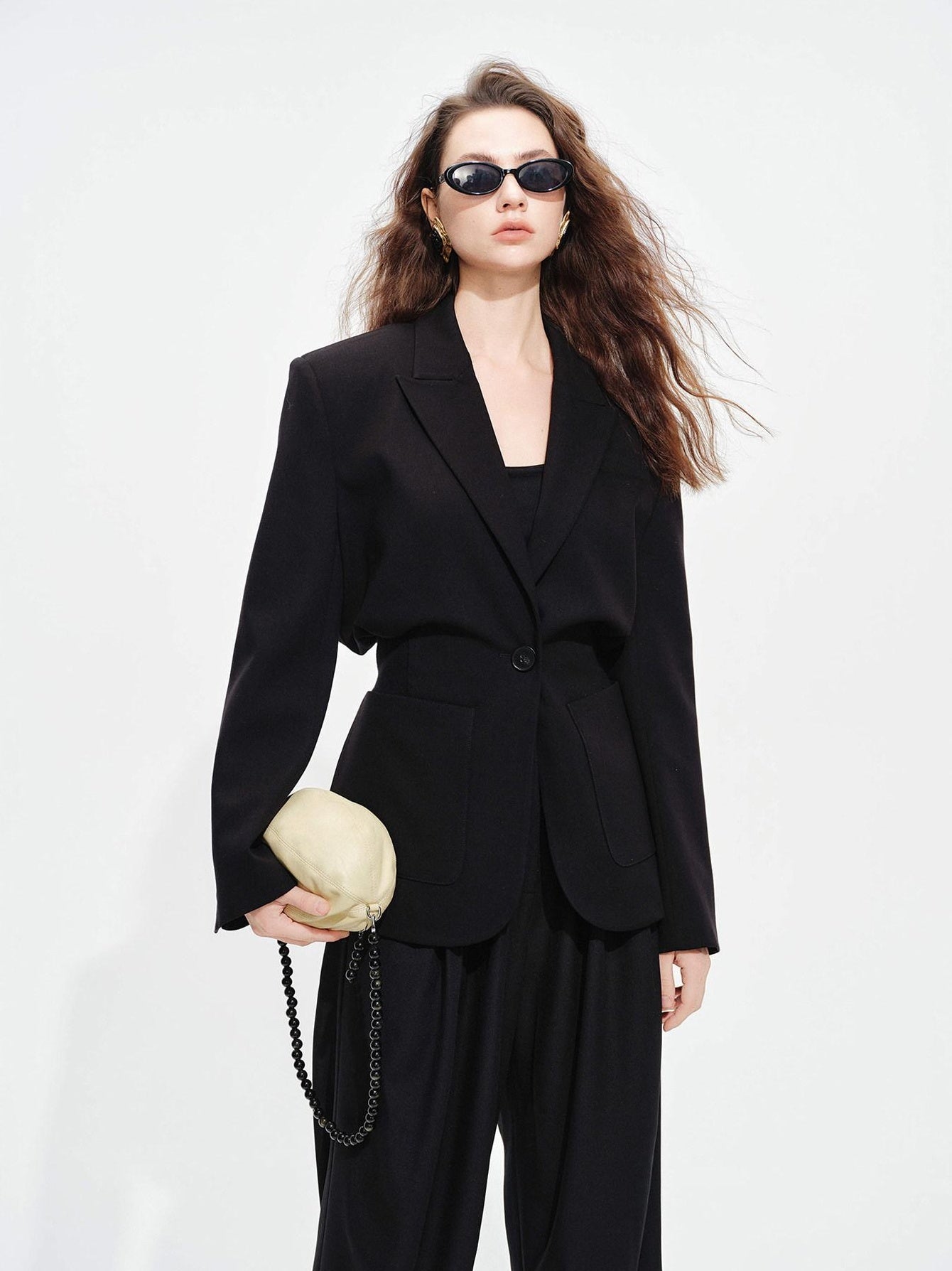 audreyyang Oversized Cinched Waist Short Notch Lapel One Button Black Polyester Blazers