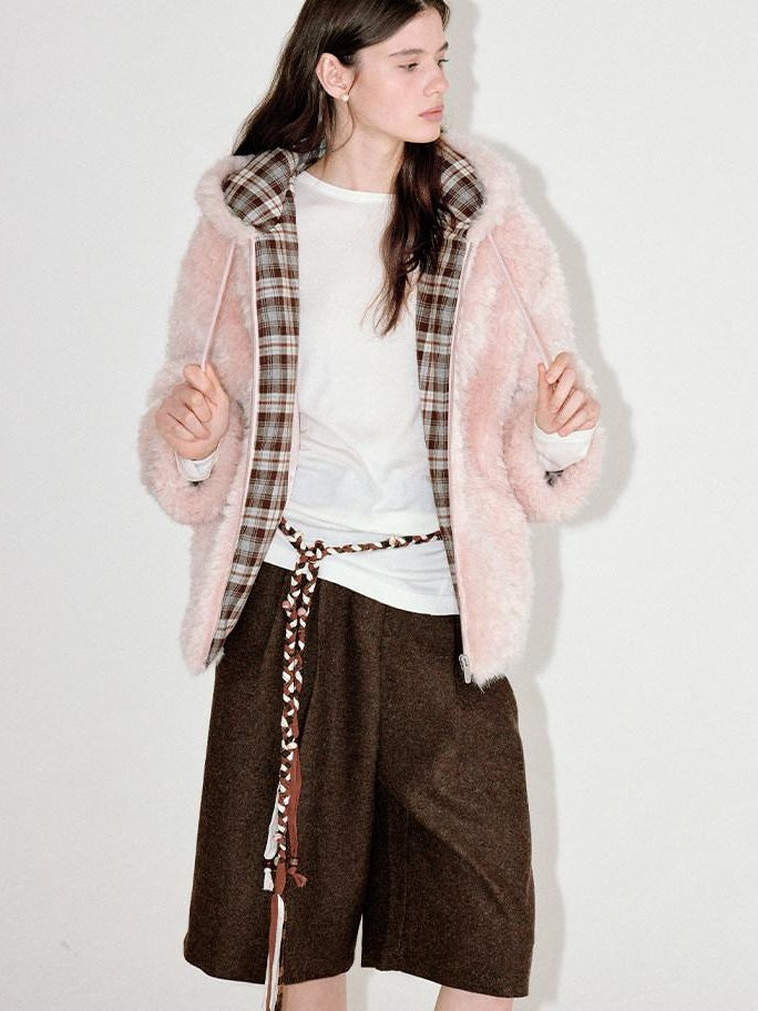 fano Cozy Lotus Pink Plaid Zip Closure Relaxed Loose Fit Womens Outerwear Long Coats