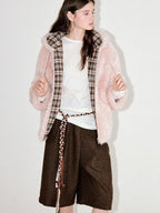 fano Cozy Lotus Pink Plaid Zip Closure Relaxed Loose Fit Womens Outerwear Long Coats