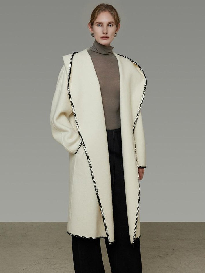 unspoken Thick Hooded Oversized Mid Length Tie Belt Minimalist Commuter White Wool Coats