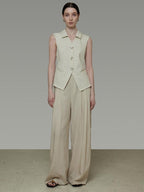 unspoken Breathable Polyester Linen Blend Loose Fit Button Front Office Women Vests