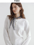 fano Soft Cotton Blend Round Neck Minimal Commuter Women White Long Sleeve T-Shirts