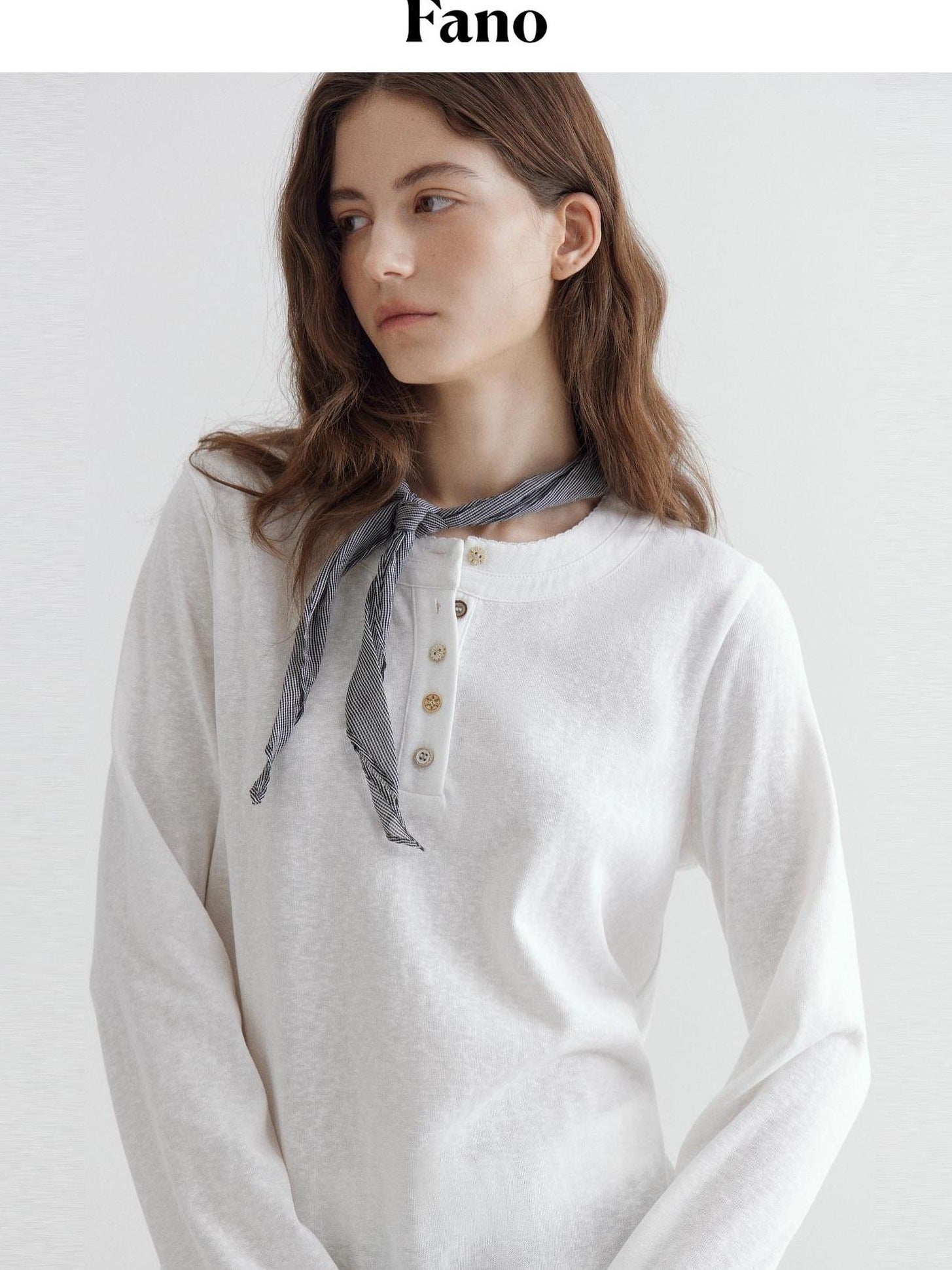 fano Soft Cotton Blend Round Neck Minimal Commuter Women White Long Sleeve T-Shirts