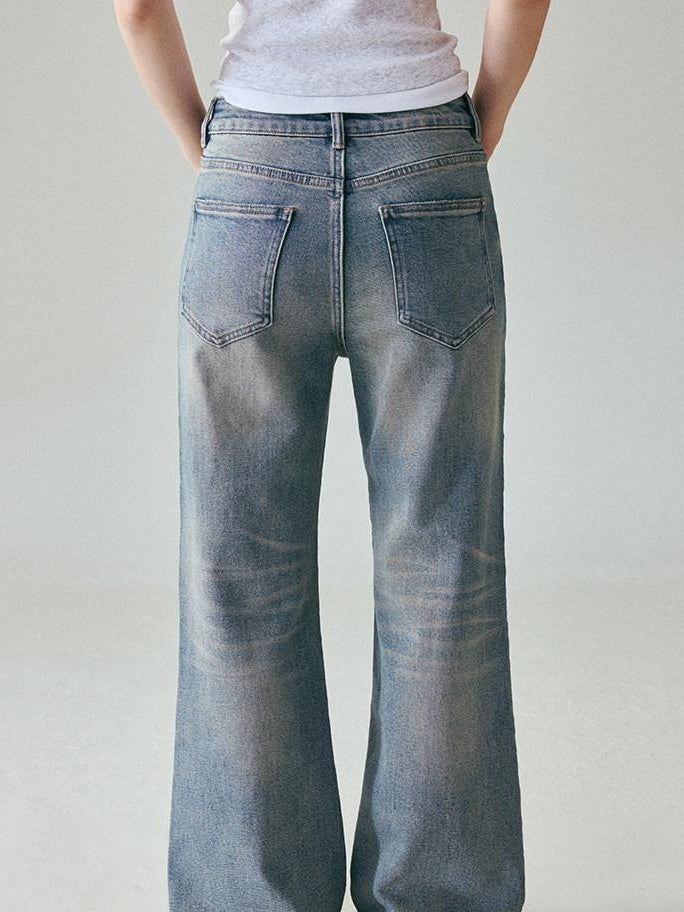 fano Vintage Blue Green Micro Stretch Natural Waist Relaxed Casual Straight Leg Jeans