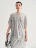 audreyyang Sparkling Sequin Casual Loose Fit Women Crew Neck Top & Skirt Sets