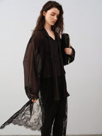 audreyyang Lace Patchwork Cotton Blend Relaxed Long Sleeve Casual Women Midi Dresses