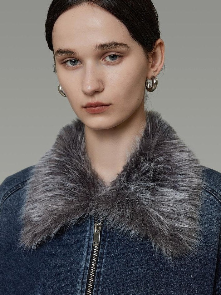 unspoken Warm Cotton Blend Loose Commuter Zipper Fur Collar Blue Gray Denim Jackets